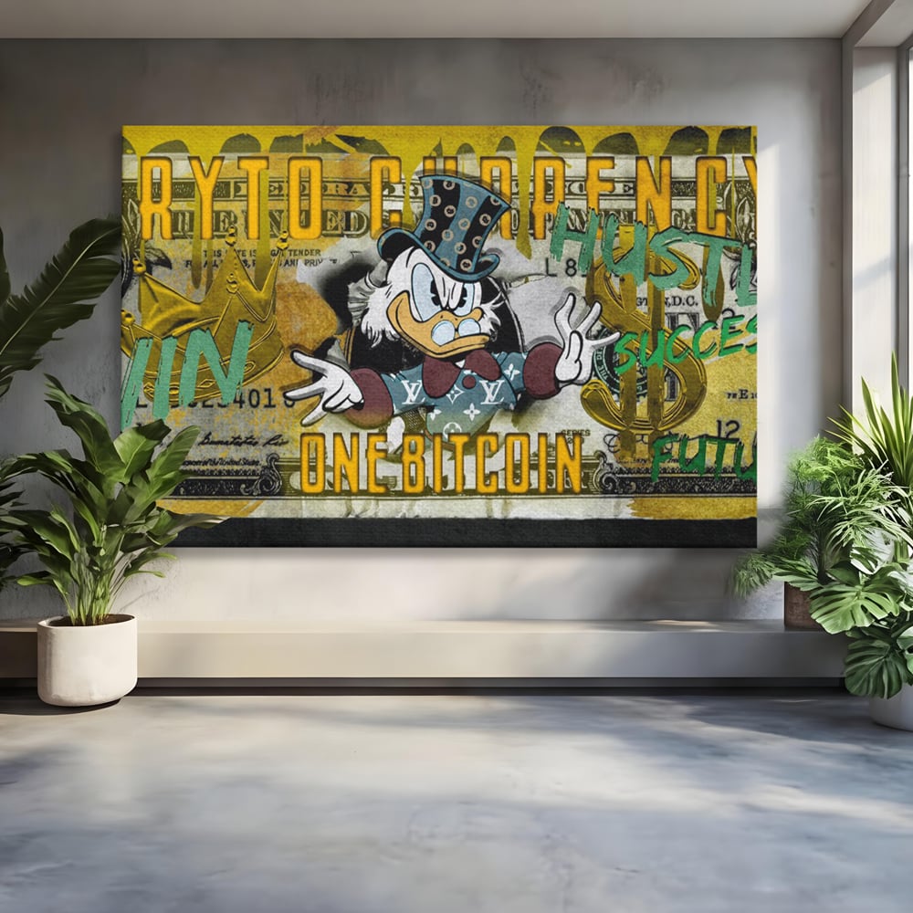 Tablou canvas cu tablou canvas cu donald duck si bitcoin, fara rama, pe sasiu de lemn